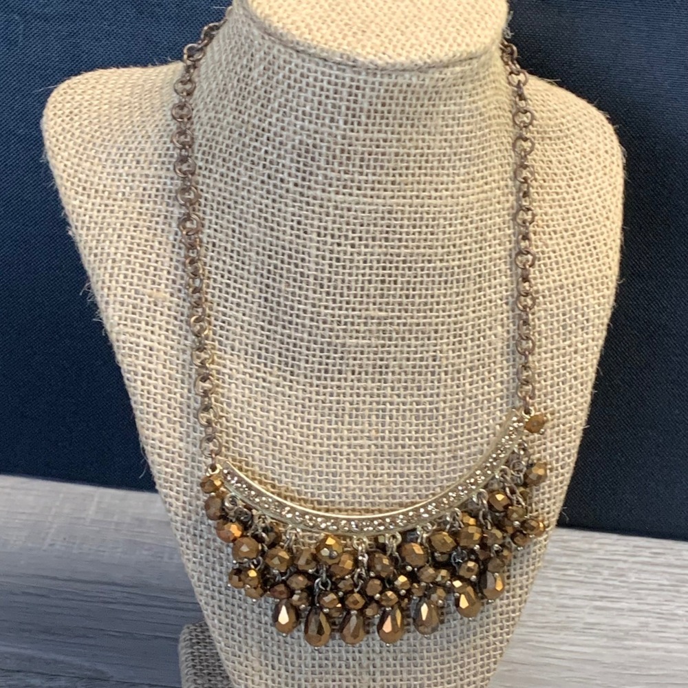 Gold Tone Rhinestone Bib Necklace Bronze Beaded Fringe Statement 18 Inch 5148